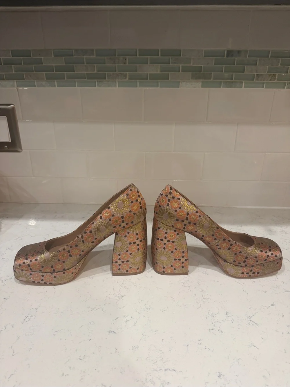 Katy Perry Collections Metallic Floral Platform Square Toe Pumps Gold Size 8.5